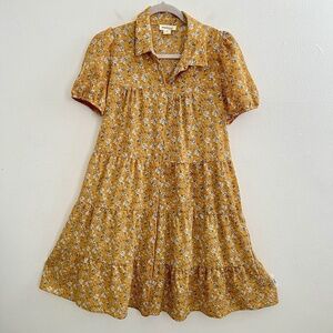 Monteau Floral Tiered Dress Midi Mustard LARGE V-Neck Tiered Boho Cottage Womens